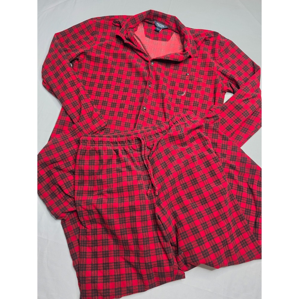 Nautica 2 Piece Pajama Set Men's Medium Red Plaid Long Sleeve Sleepwear Casual